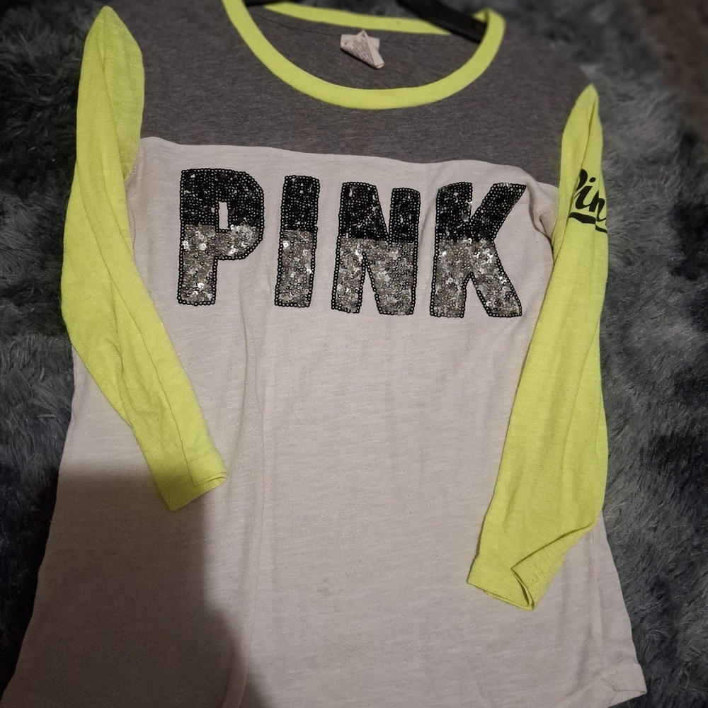 PINK Victoria's Secret Blingggggg Long Sleeve Shirt - Gray, White, and Yellow